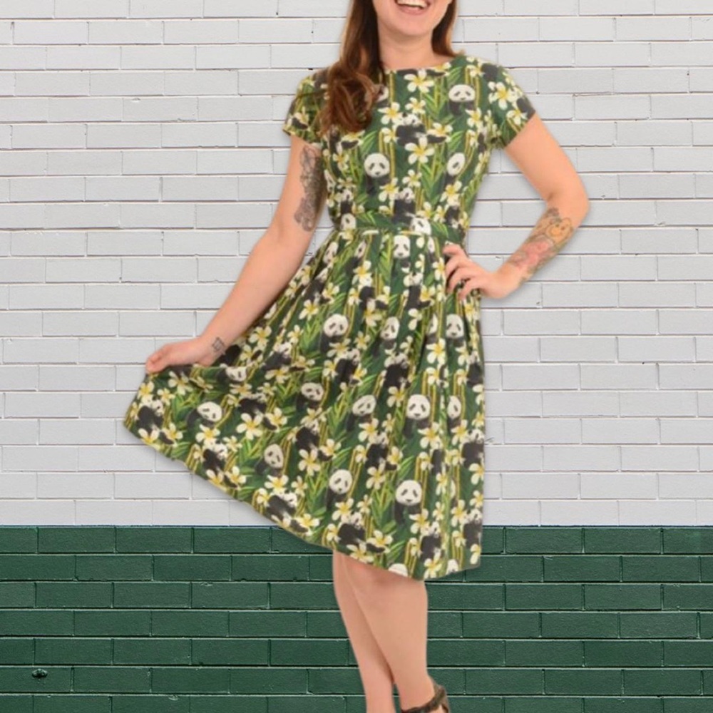 Panda and bamboo dress with hidden back zipper and cap sleeves,  sz LARGE.